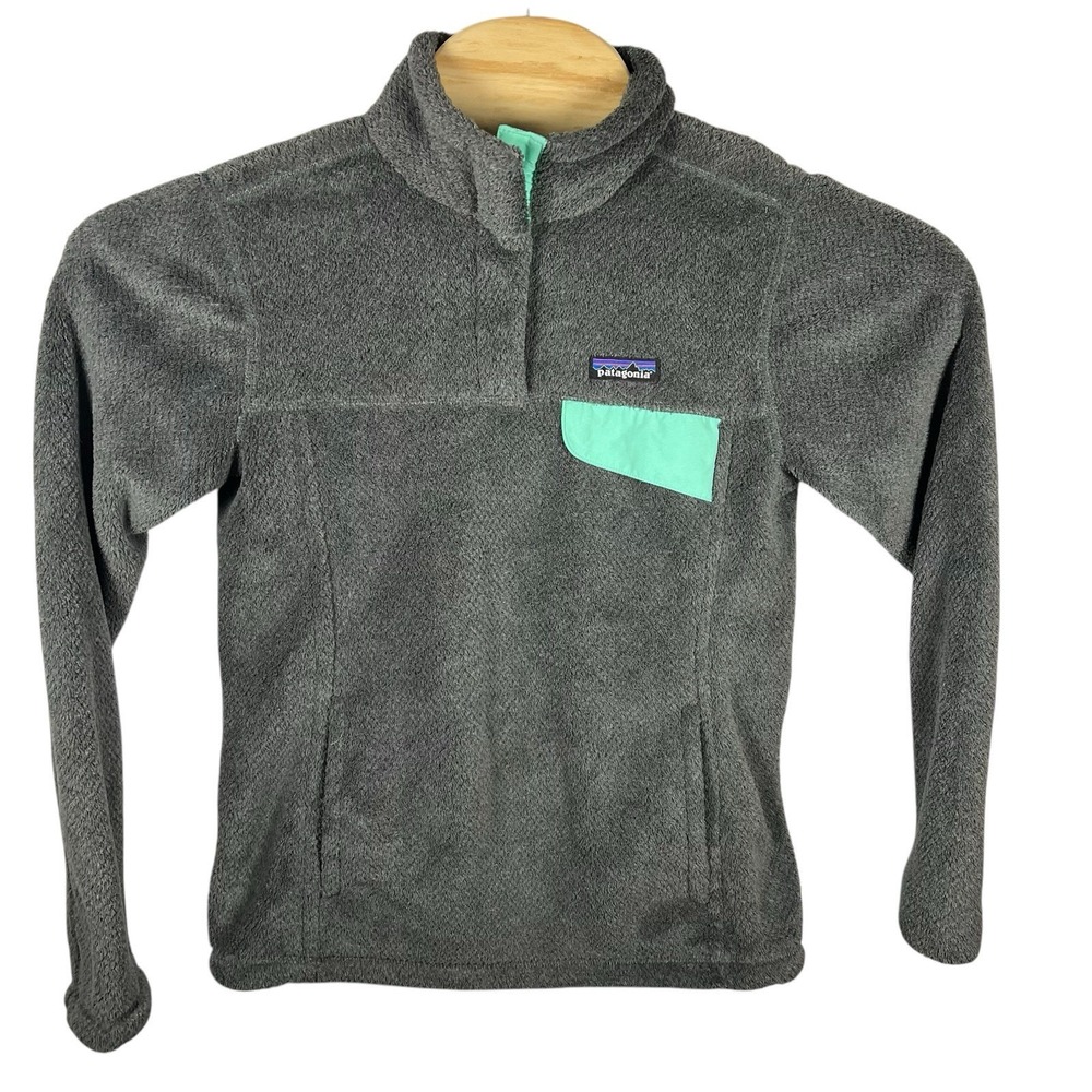 Patagonia Woman Medium Gray/Teal‎ Polyester Re-Tool Half Snap Fleece Pullover
